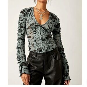 Free People Black and Gray Ruched Blouse